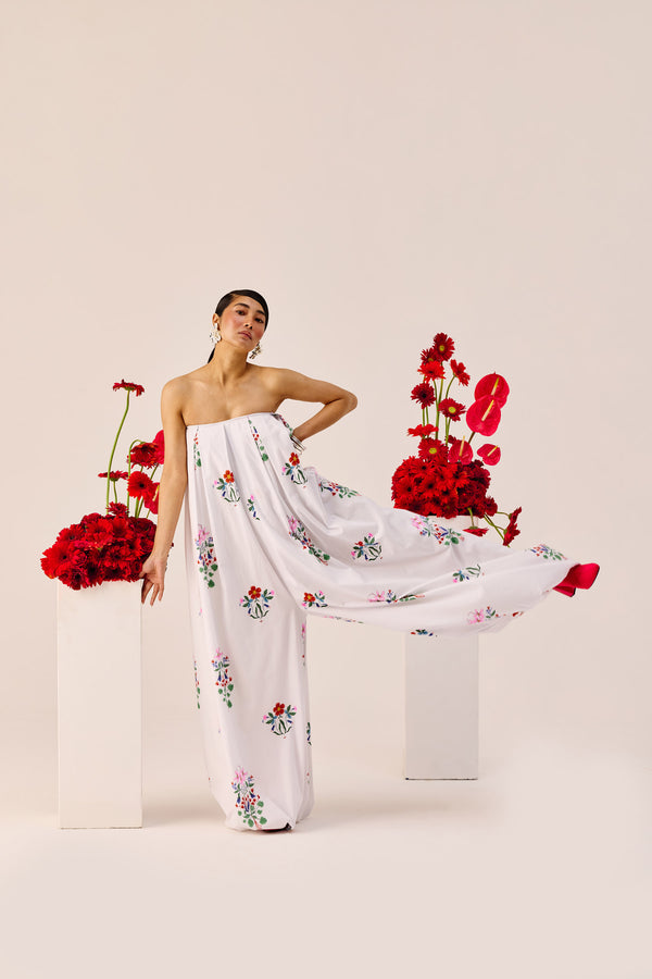 White Floral Wide Leg Strapless Jumpsuit