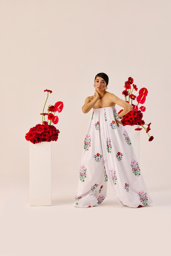 White Floral Wide Leg Strapless Jumpsuit