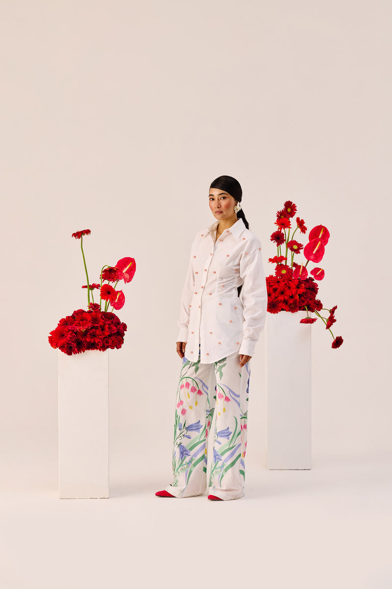 White Handmade Embellished Cotton-Linen Shirt