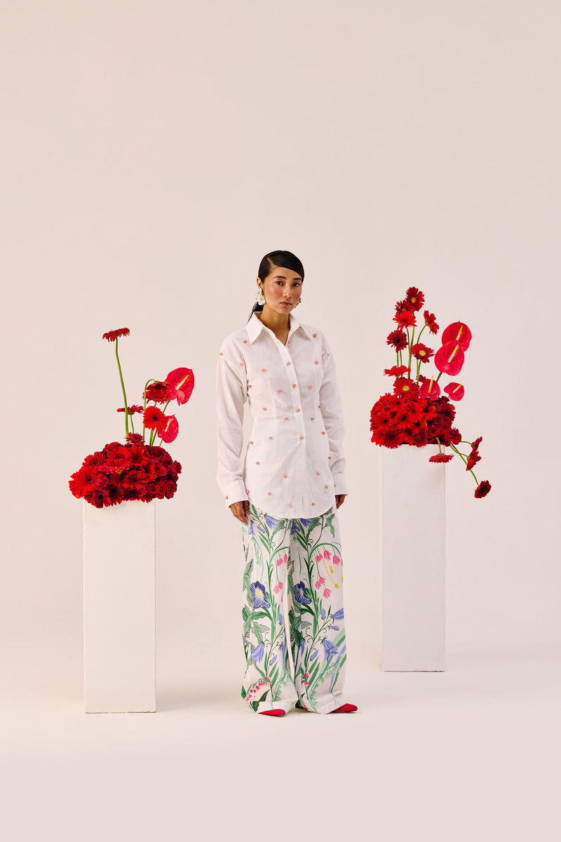 White Handmade Embellished Cotton-Linen Shirt