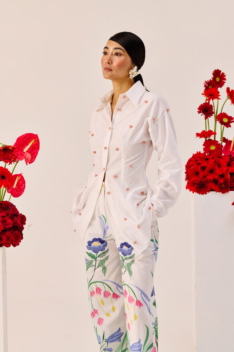 White Handmade Embellished Cotton-Linen Shirt