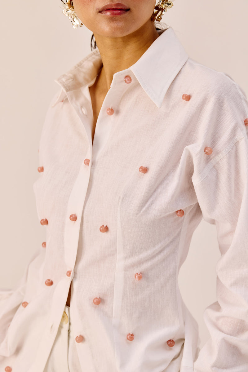 White Handmade Embellished Cotton-Linen Shirt