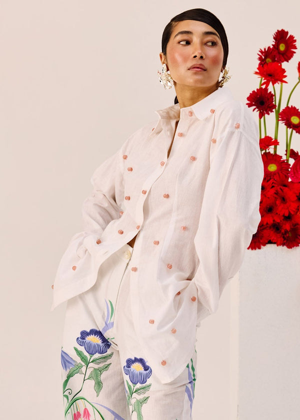 White Handmade Embellished Cotton-Linen Shirt