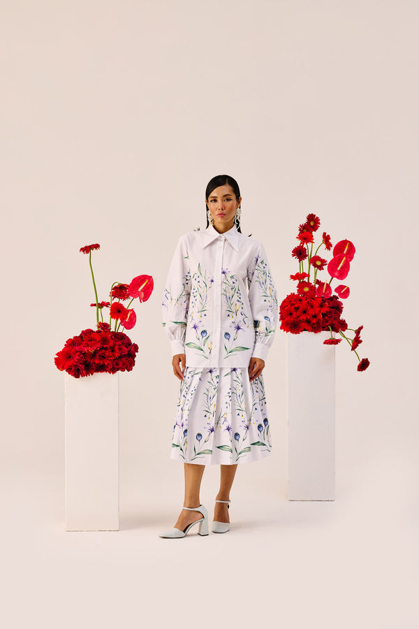 White Floral Print Cotton Shirt