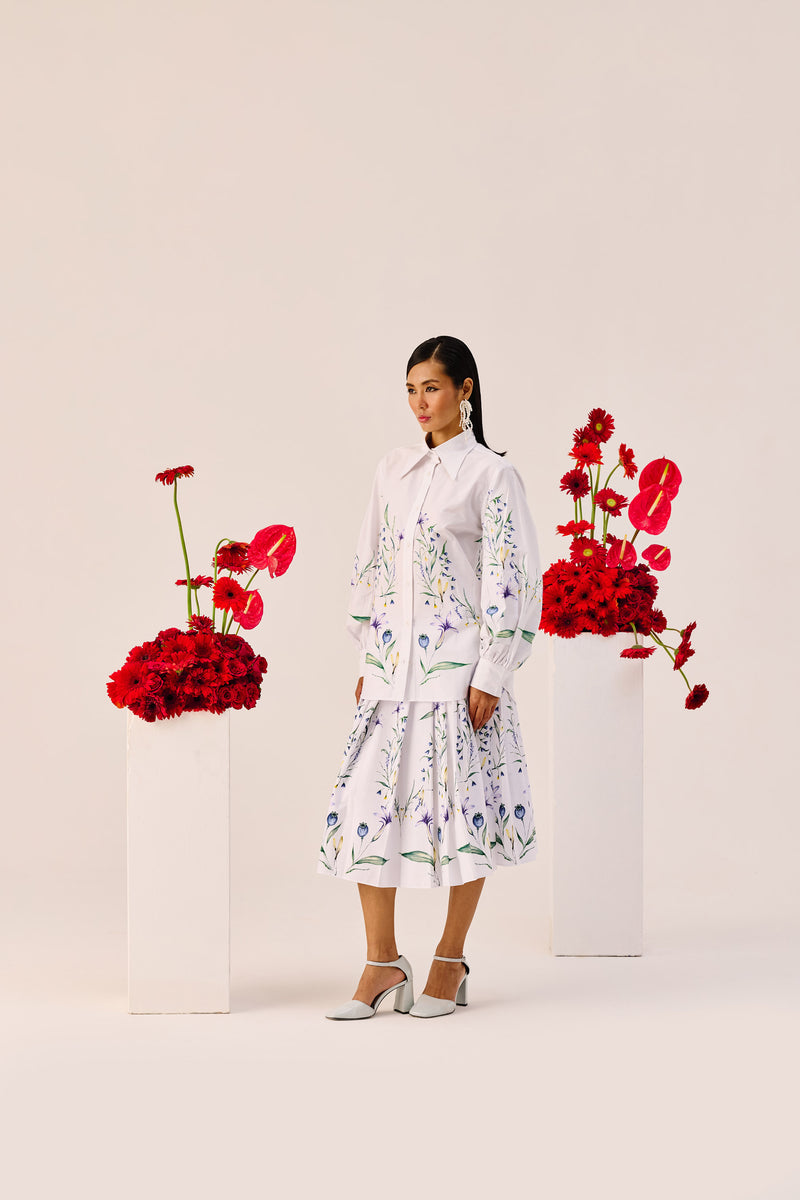 White Floral Print Cotton Shirt