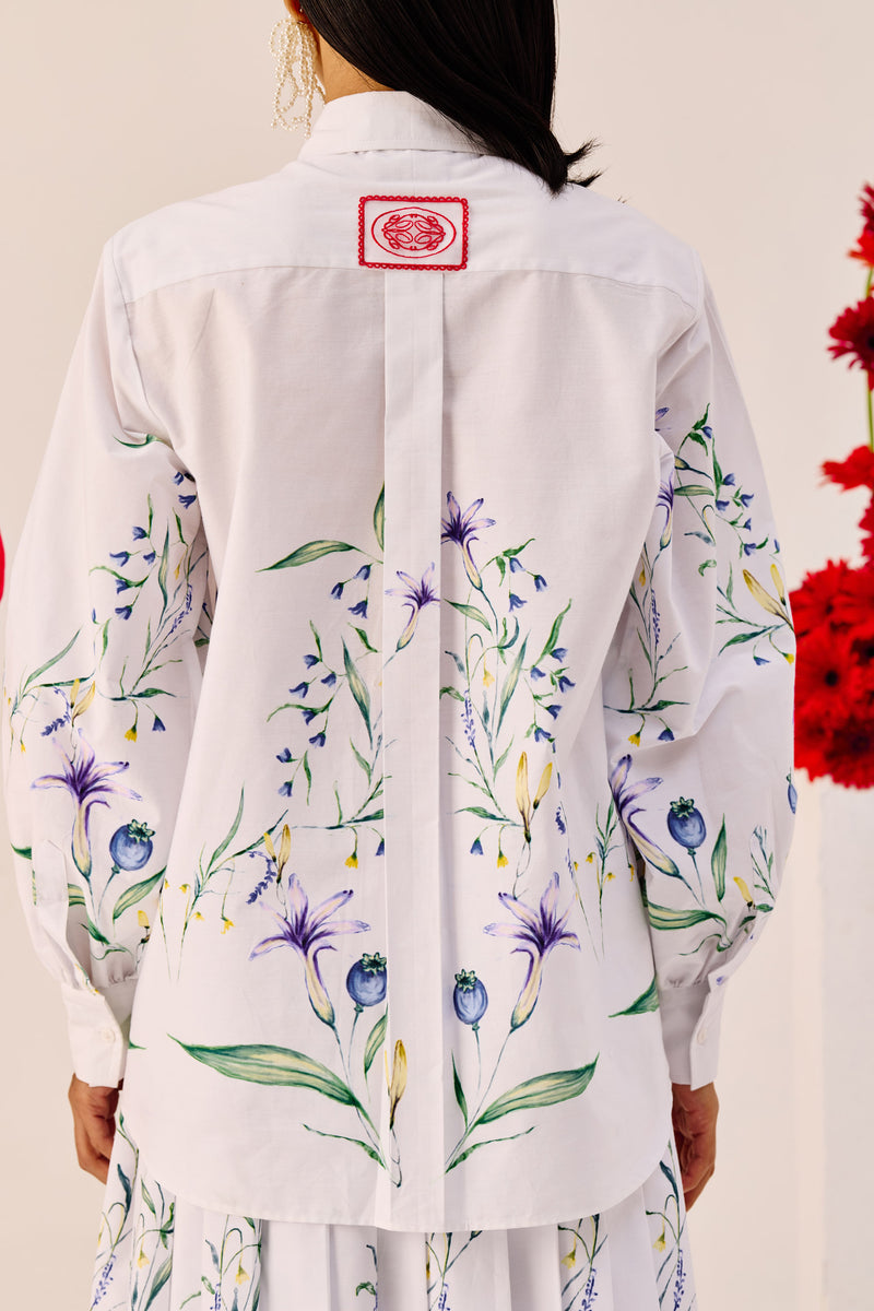 White Floral Print Cotton Shirt