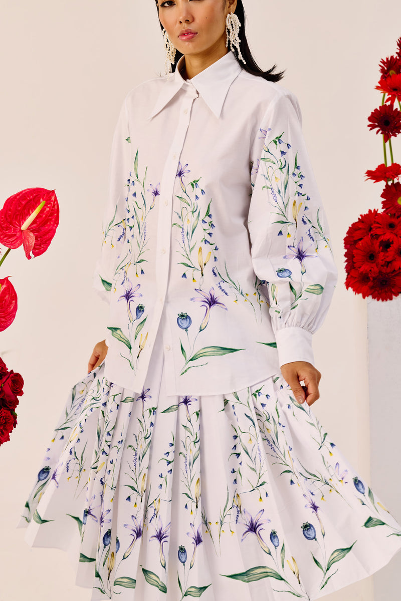 White Floral Print Cotton Shirt