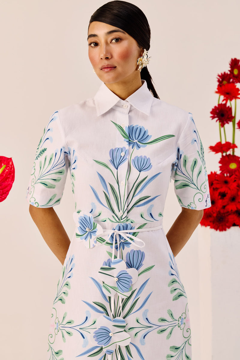 Blue-Green Botanical Print Shirt-Collar Midi Dress