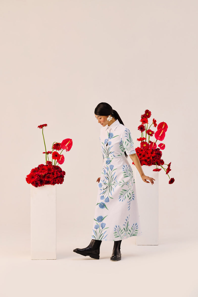 Blue-Green Botanical Print Shirt-Collar Midi Dress