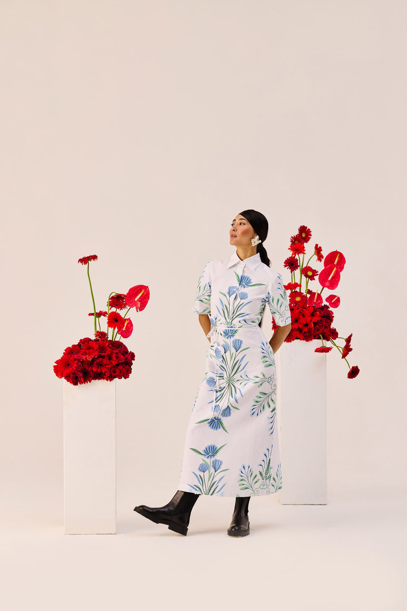 Blue-Green Botanical Print Shirt-Collar Midi Dress