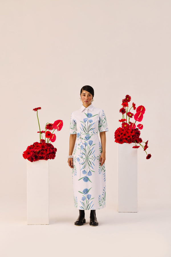 Blue-Green Botanical Print Shirt-Collar Midi Dress