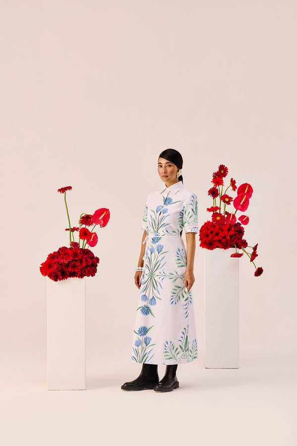 Blue-Green Botanical Print Shirt-Collar Midi Dress