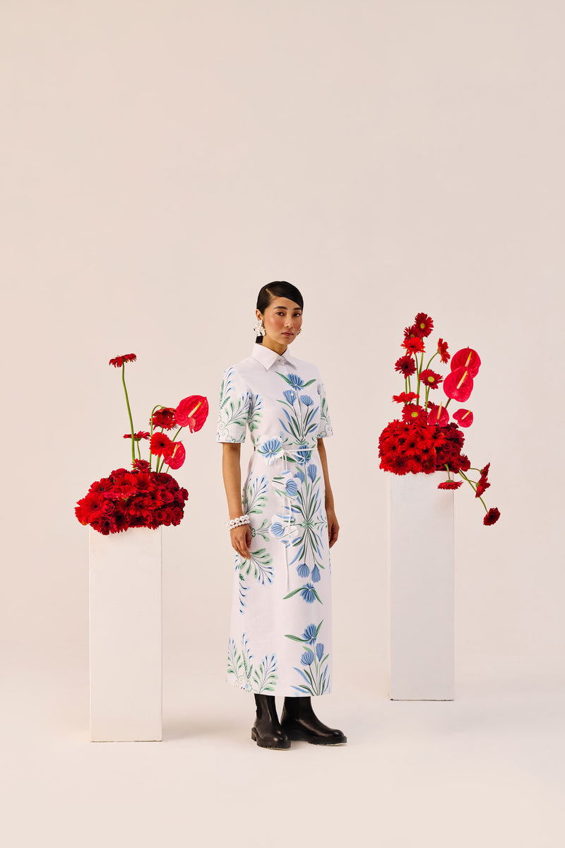 Blue-Green Botanical Print Shirt-Collar Midi Dress