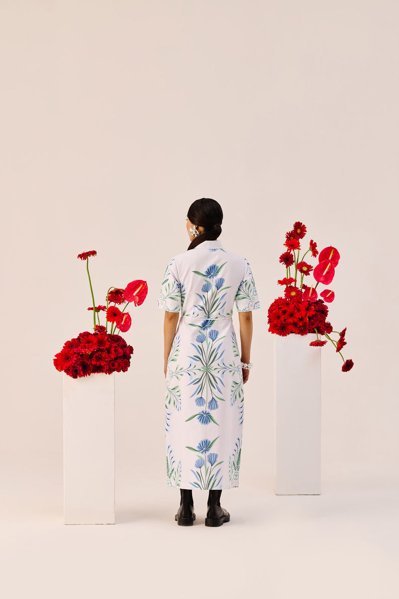 Blue-Green Botanical Print Shirt-Collar Midi Dress