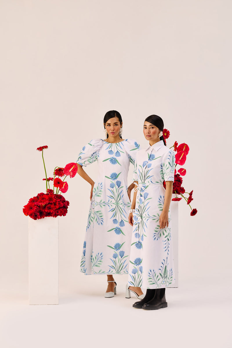 White Linen Floral Puff Sleeve Midi Dress