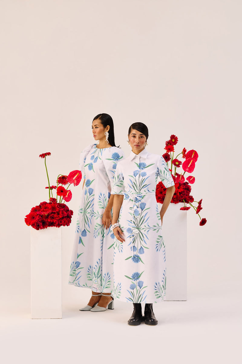 Blue-Green Botanical Print Shirt-Collar Midi Dress