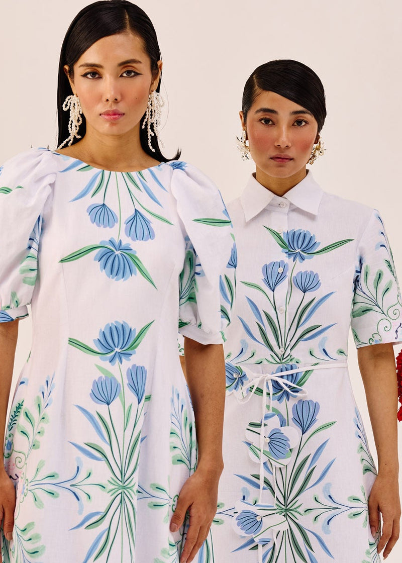 Blue-Green Botanical Print Shirt-Collar Midi Dress