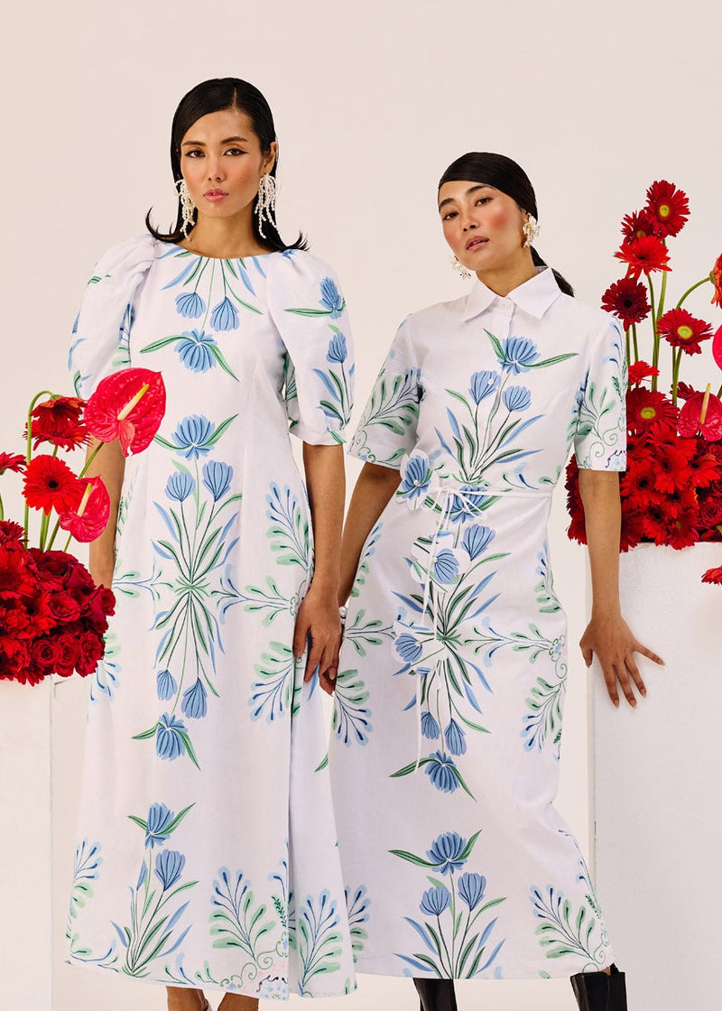 Blue-Green Botanical Print Shirt-Collar Midi Dress