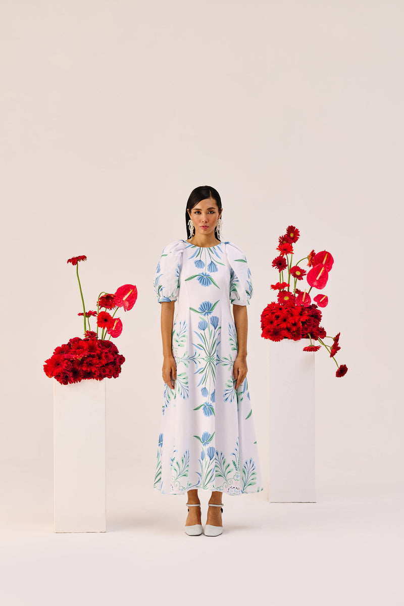 White Linen Floral Puff Sleeve Midi Dress