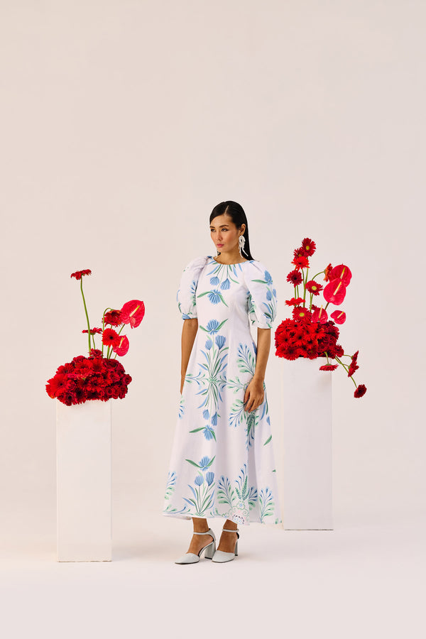 White Linen Floral Puff Sleeve Midi Dress