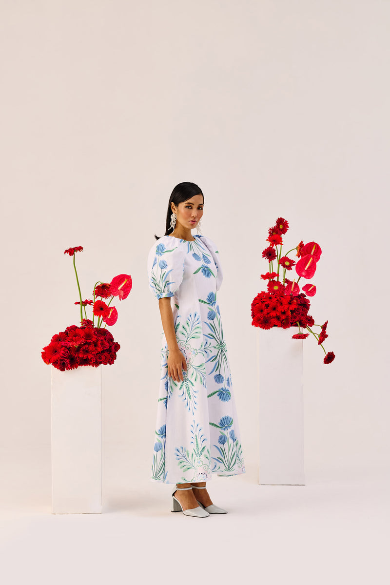White Linen Floral Puff Sleeve Midi Dress