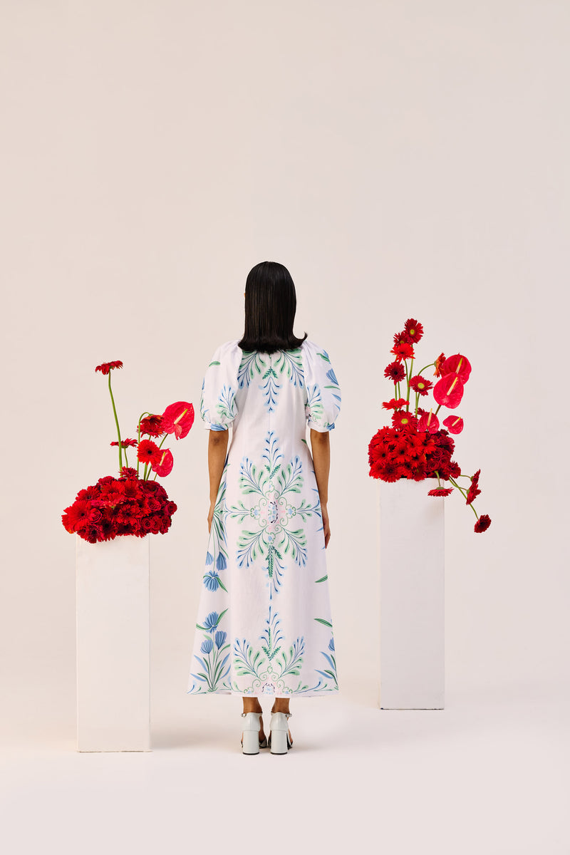 White Linen Floral Puff Sleeve Midi Dress
