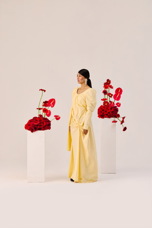 Yellow Ruched Evening Gown with Puff Sleeves