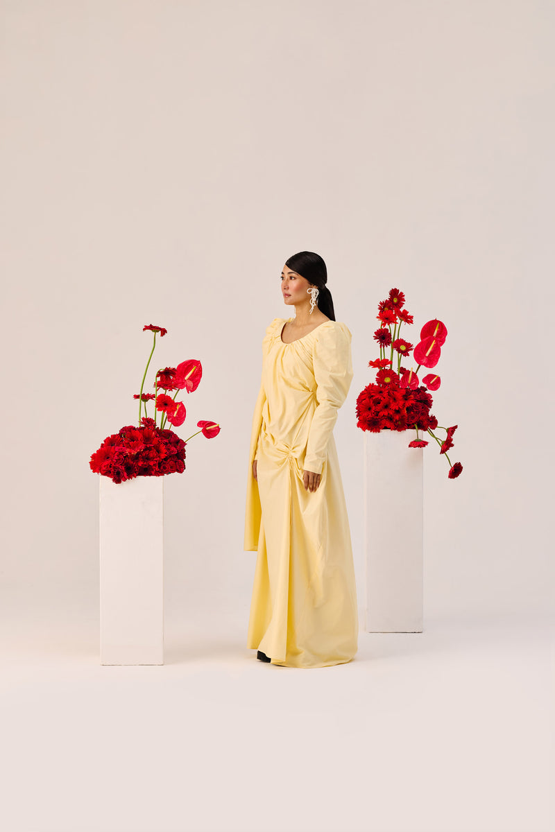 Yellow Ruched Evening Gown with Puff Sleeves