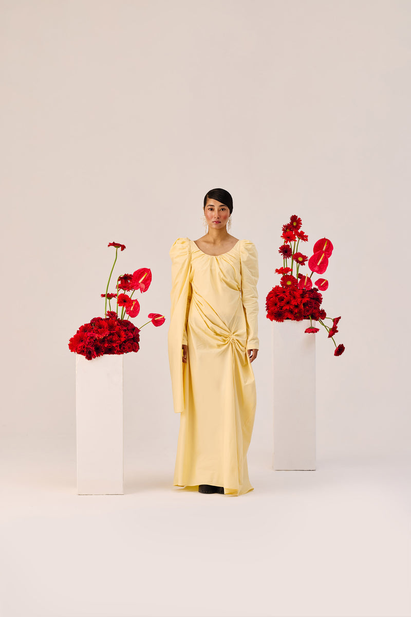 Yellow Ruched Evening Gown with Puff Sleeves