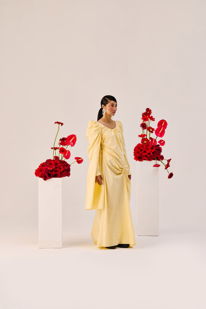 Yellow Ruched Evening Gown with Puff Sleeves