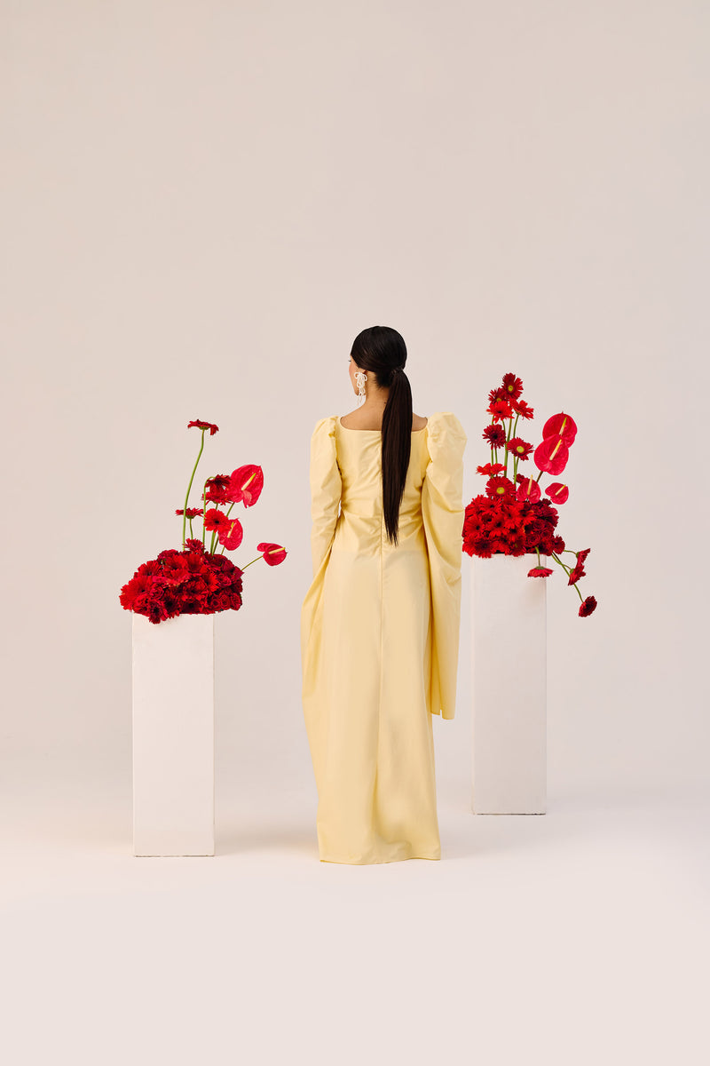 Yellow Ruched Evening Gown with Puff Sleeves
