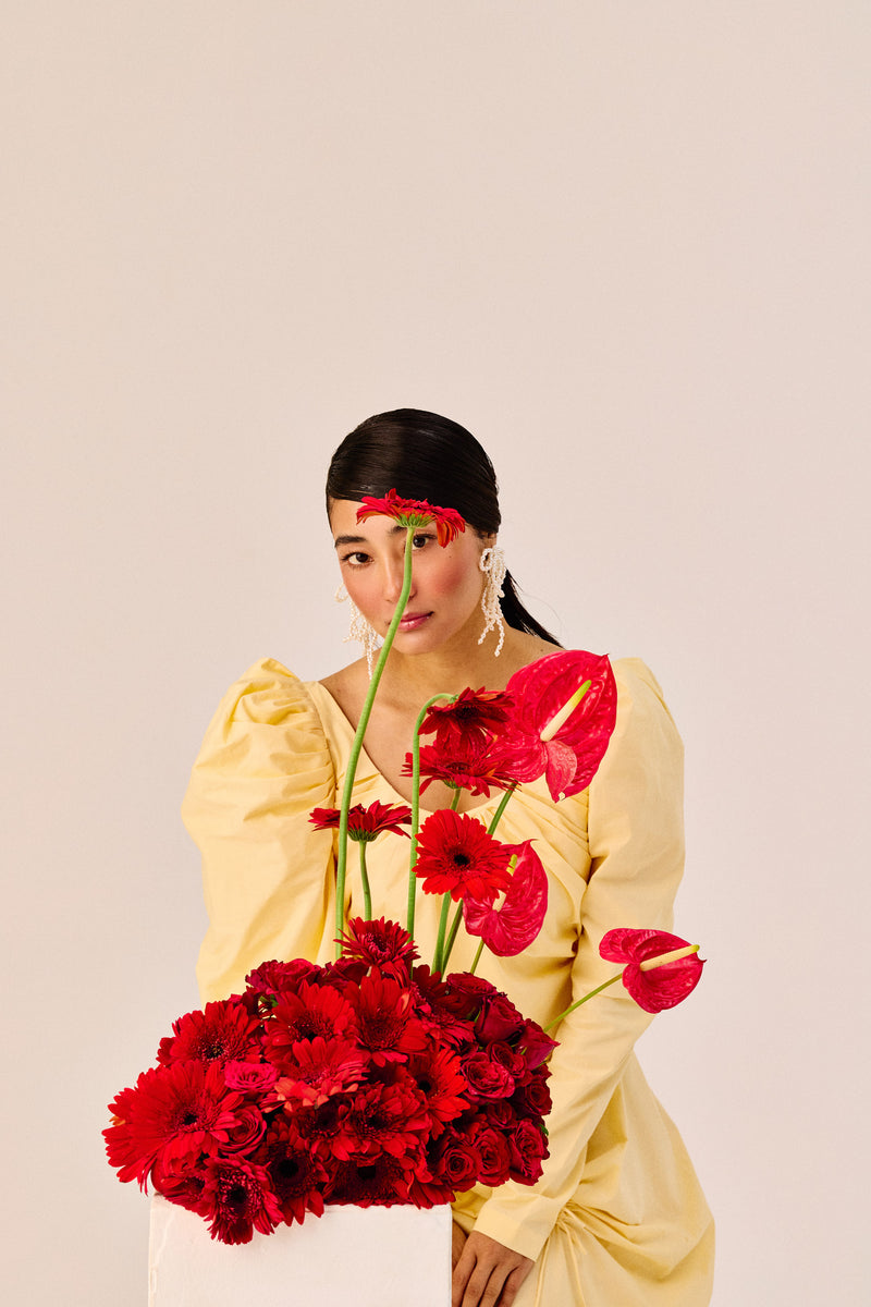 Yellow Ruched Evening Gown with Puff Sleeves