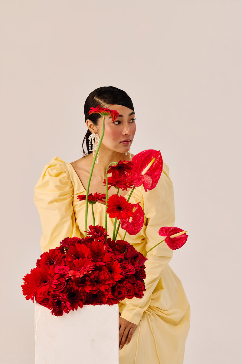 Yellow Ruched Evening Gown with Puff Sleeves