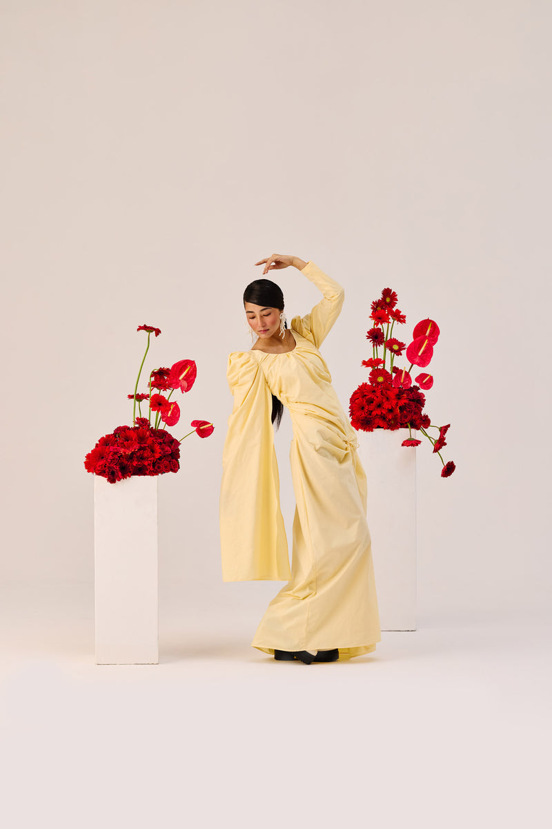 Yellow Ruched Evening Gown with Puff Sleeves