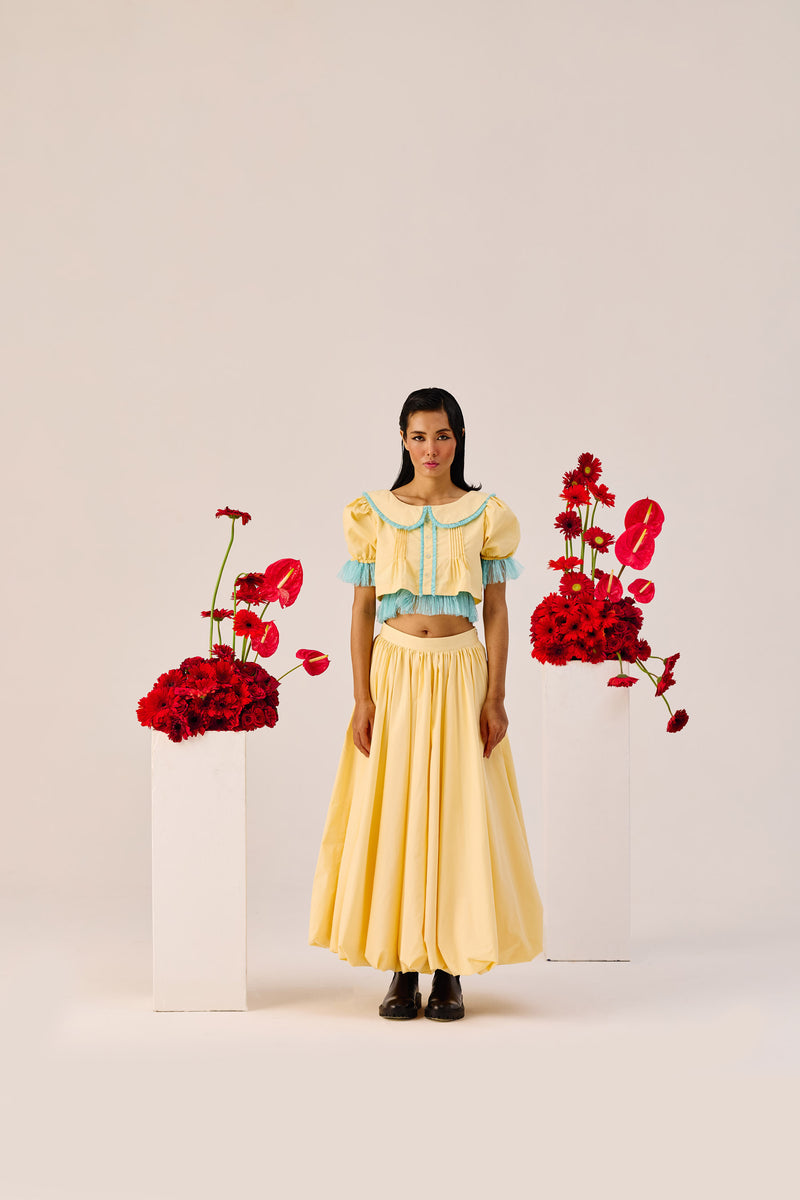 Yellow Puff-Sleeve Cropped Top with Blue Contrast Trim