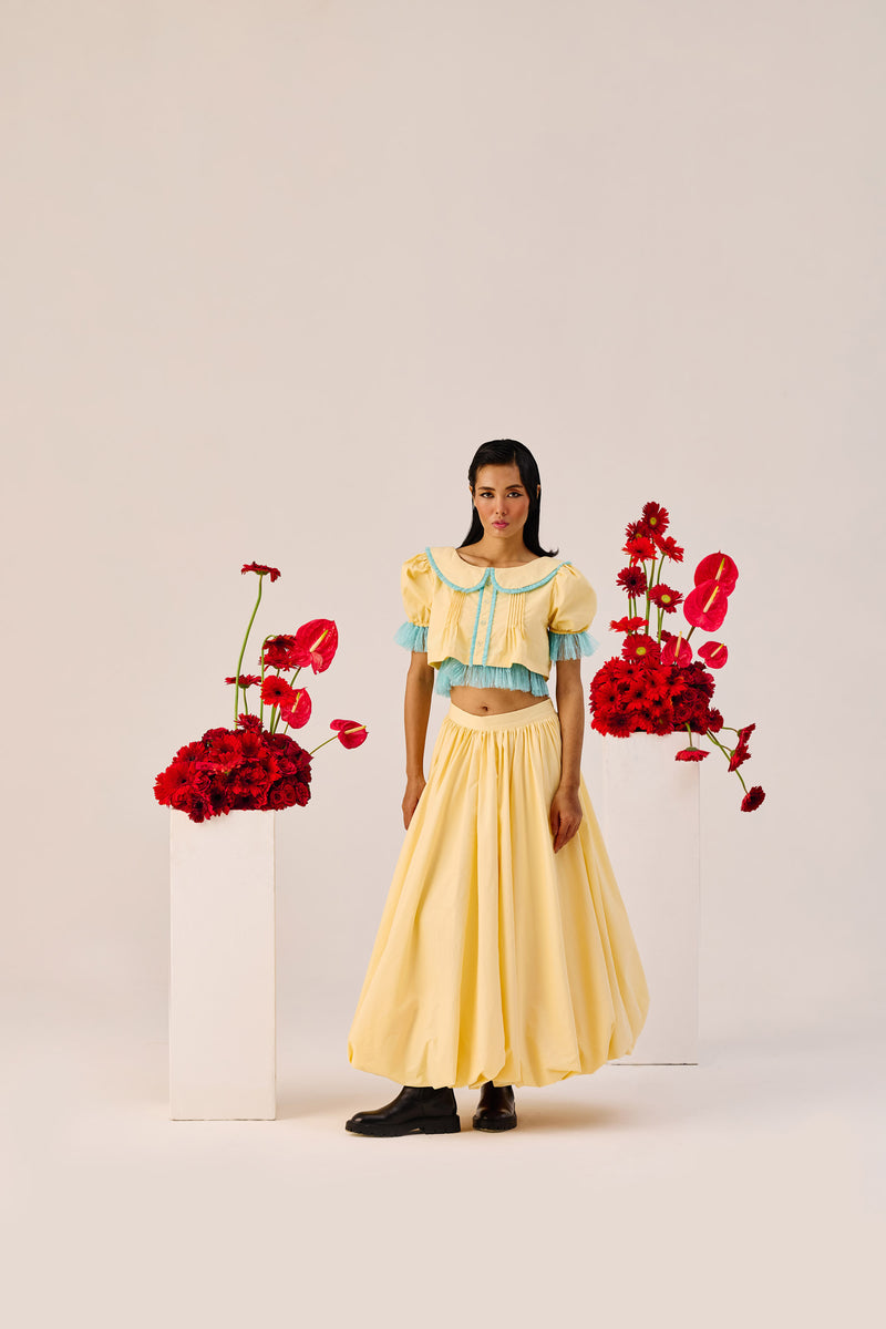 Yellow Puff-Sleeve Cropped Top with Blue Contrast Trim