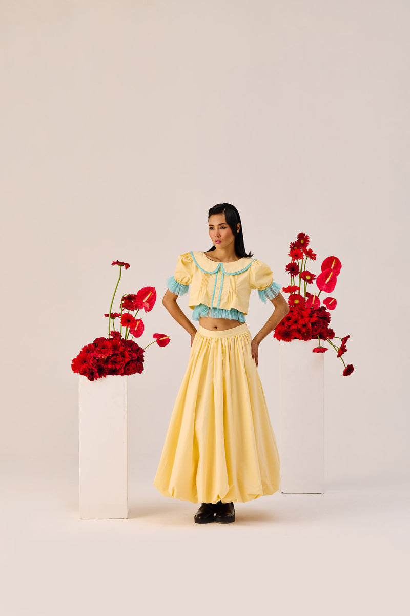 Yellow Puff-Sleeve Cropped Top with Blue Contrast Trim