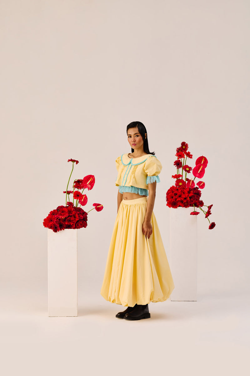 Yellow Puff-Sleeve Cropped Top with Blue Contrast Trim