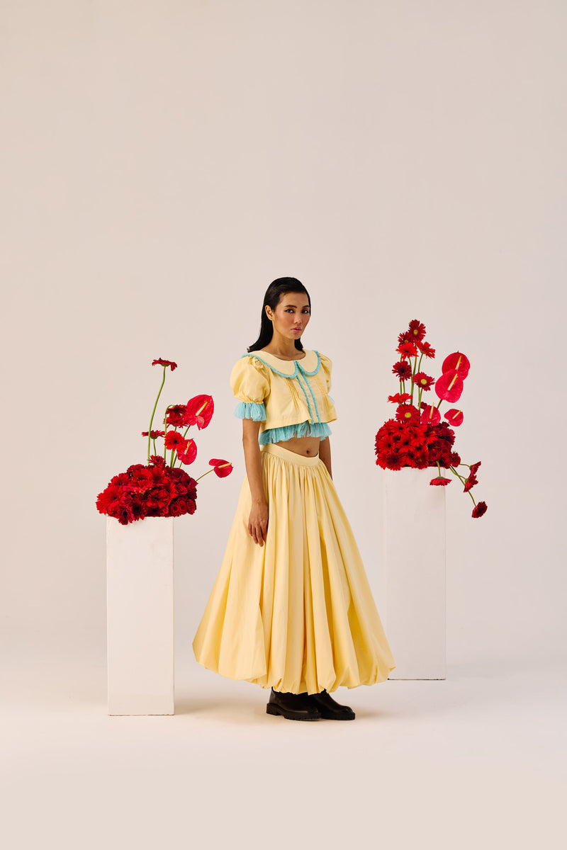 Yellow Puff-Sleeve Cropped Top with Blue Contrast Trim