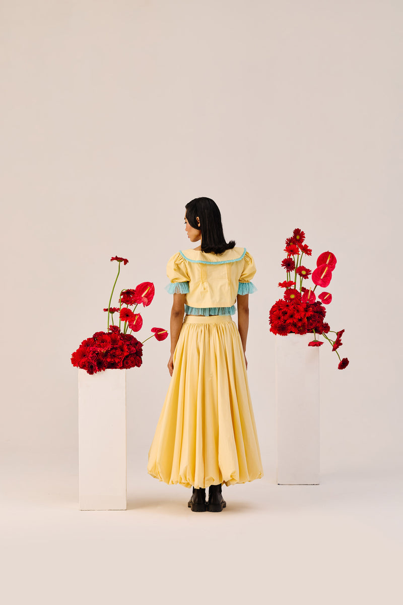 Yellow Puff-Sleeve Cropped Top with Blue Contrast Trim