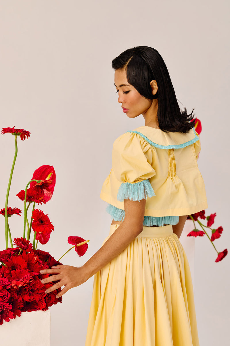Yellow Puff-Sleeve Cropped Top with Blue Contrast Trim