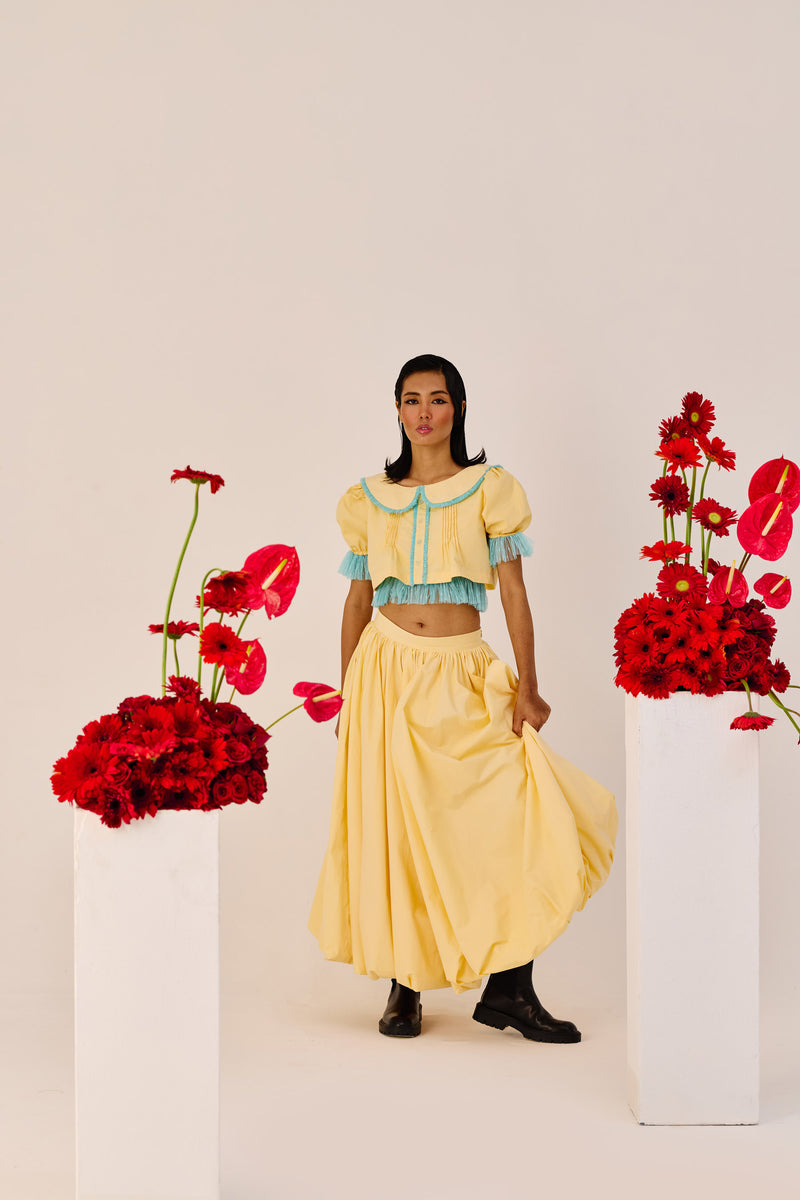 Yellow Puff-Sleeve Cropped Top with Blue Contrast Trim