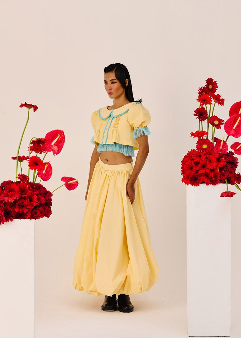 Yellow Puff-Sleeve Cropped Top with Blue Contrast Trim