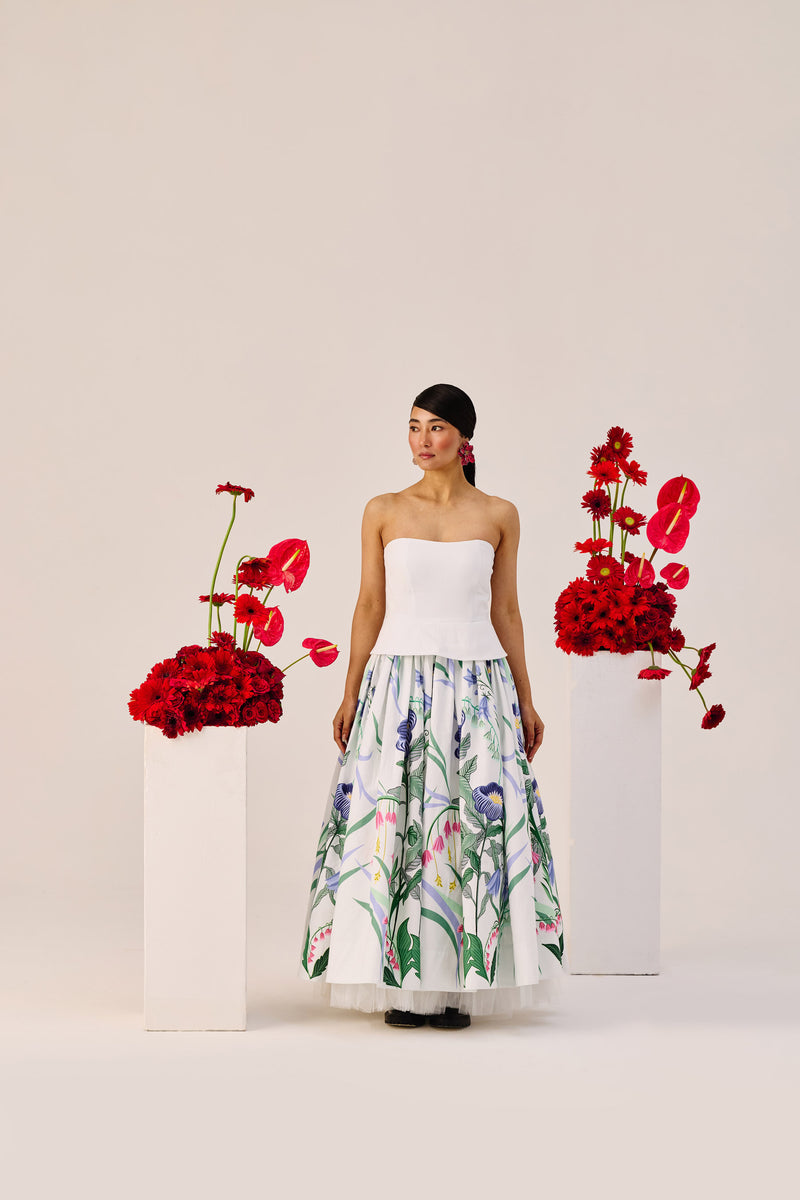 White Floral Strapless Maxi Dress