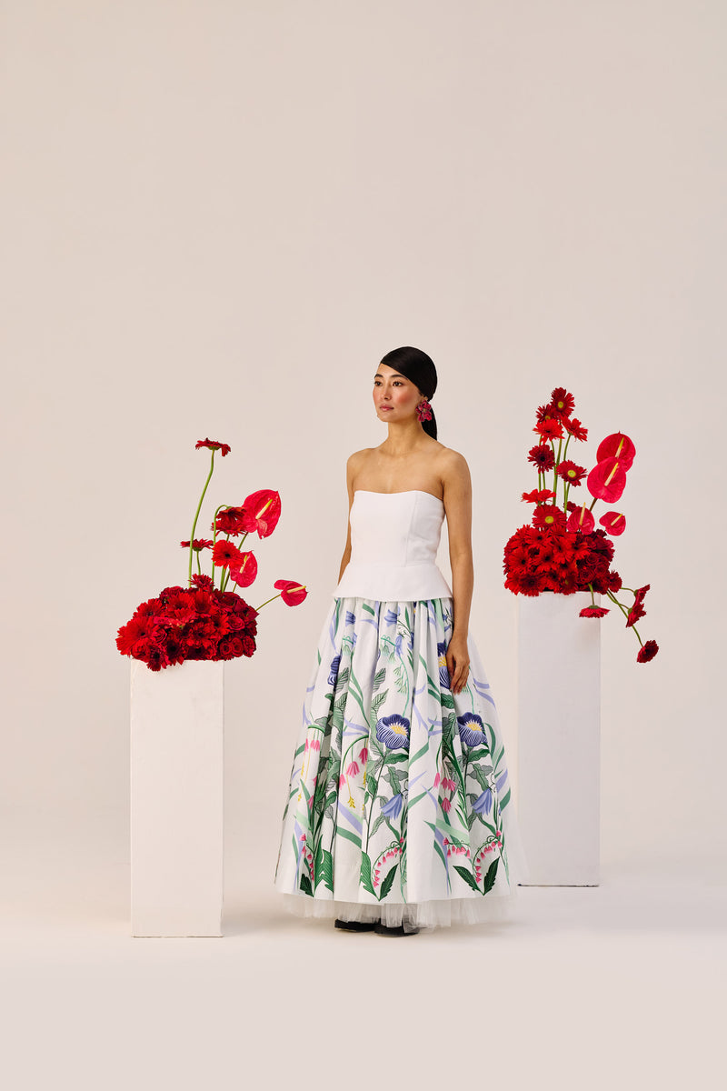 White Floral Strapless Maxi Dress