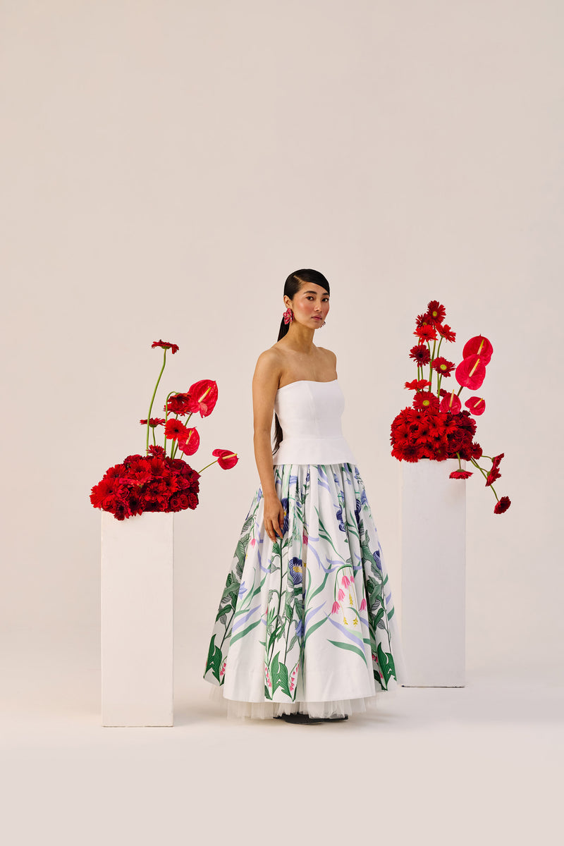 White Floral Strapless Maxi Dress