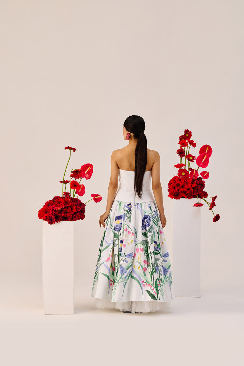 White Floral Strapless Maxi Dress