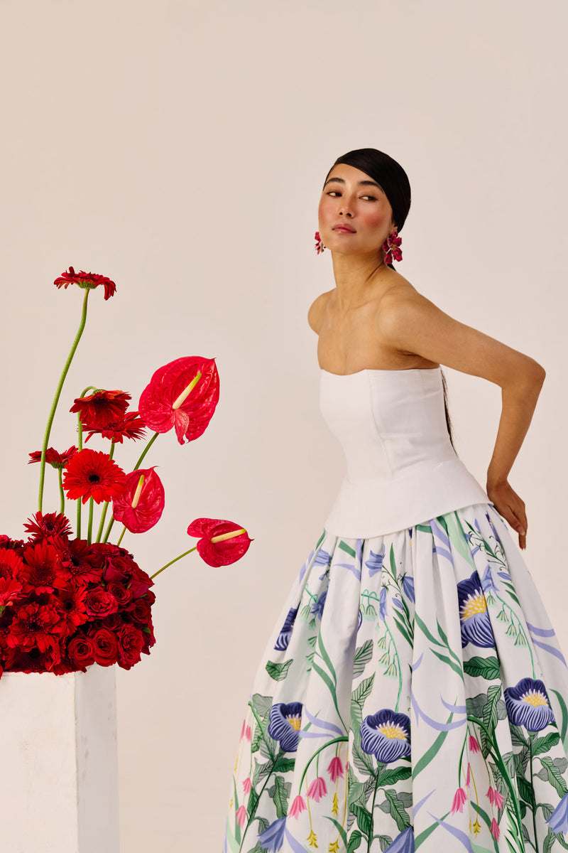 White Floral Strapless Maxi Dress