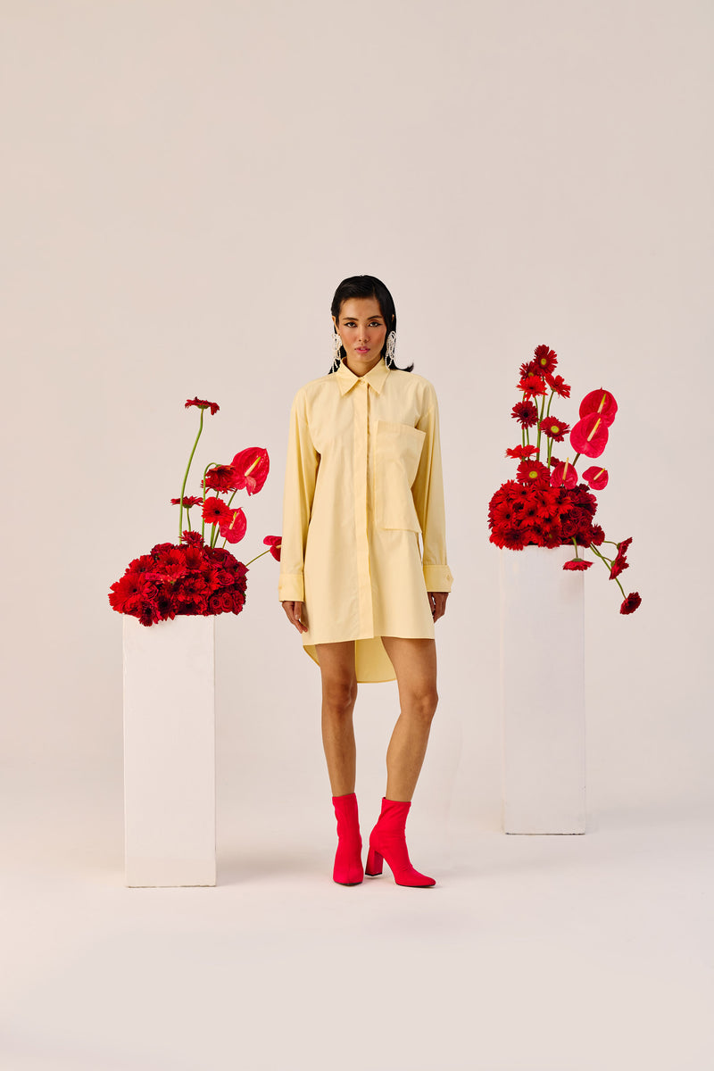 Light Yellow Oversized Cotton Shirt Dress