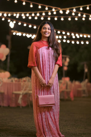 Blushing Peach & Pink A-Line Long Lace Dress
